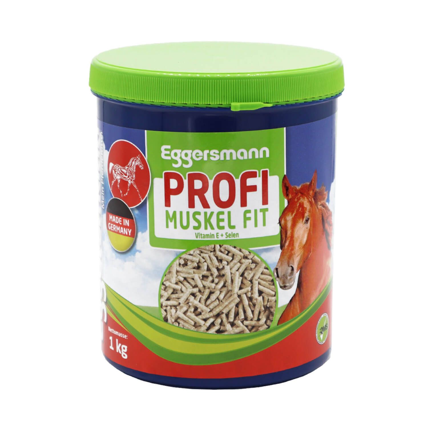 Blauer Eimer mit grünem Deckel. Aufschrift: Eggersmann Profi Muskel Fit. Abbildung eines Pferdes. Made in Germany.