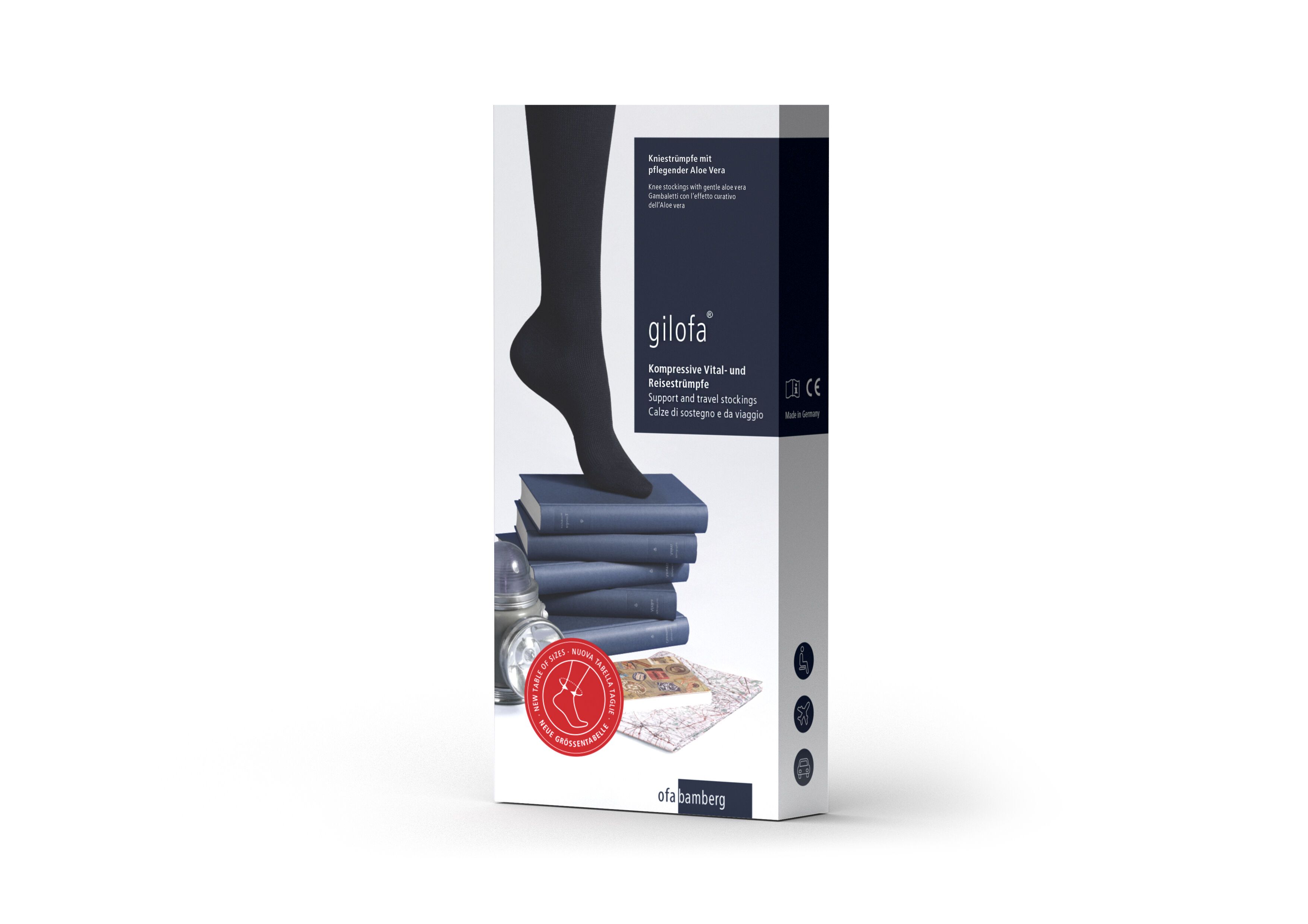 Verpackung der Gilofa Kniestrümpfe. Schwarze Strumpf-Silhouette. Text: 'Gilofa', 'Aloe Vera'. CE-Kennzeichnung.