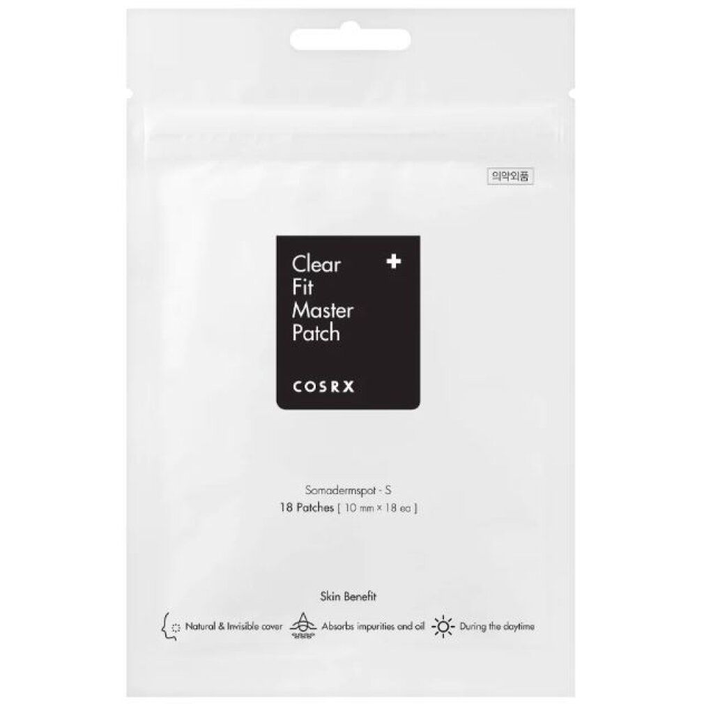 Verpackung mit 18 Pflastern. Schwarzes Etikett mit Produktnamen und Marke COSRX. Enthält 18 Pflaster, 10 mm x 18 ea.