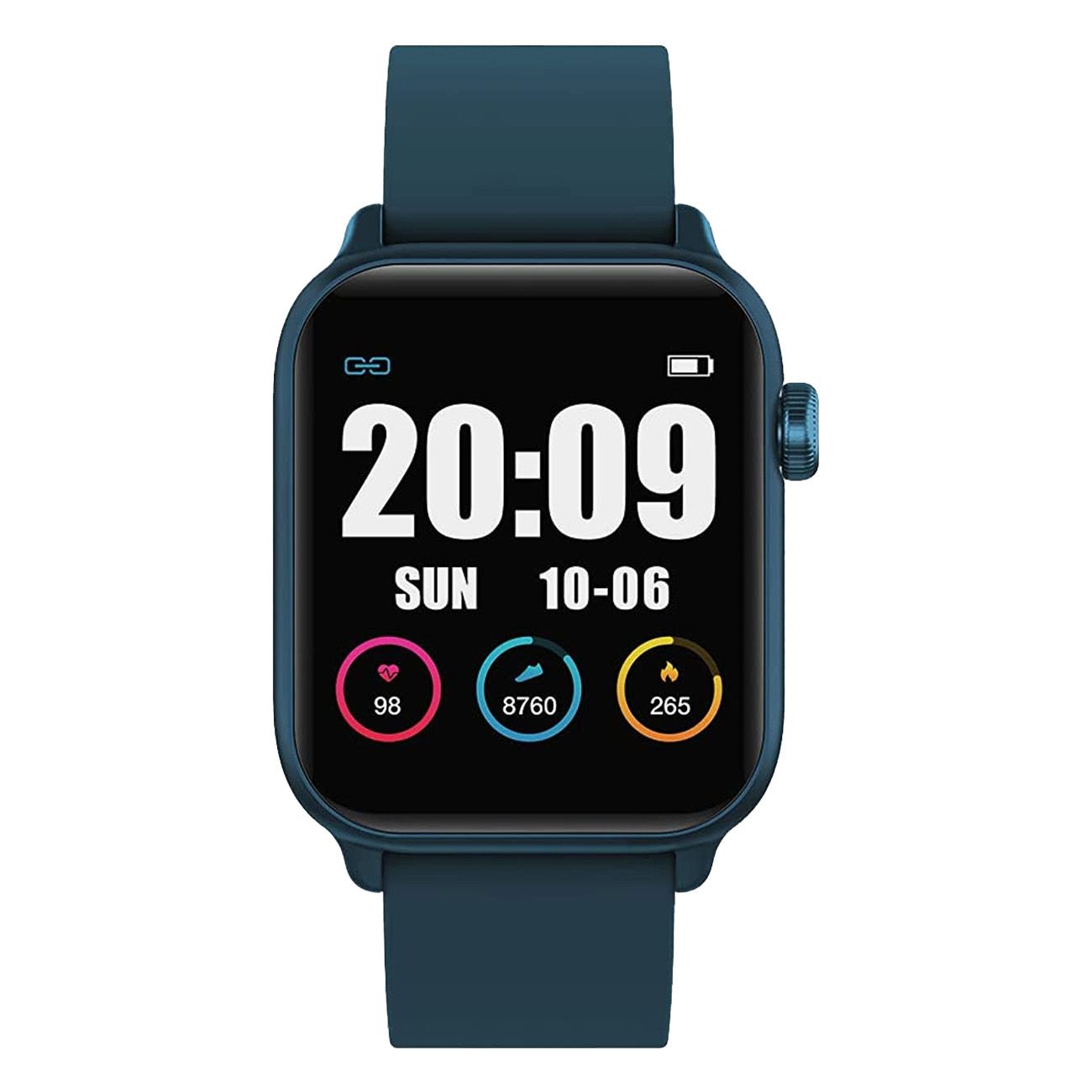 Blauer Fitnesstracker mit quadratischem Display. Zeigt Uhrzeit, Datum und Gesundheitsdaten an. Silikonarmband.