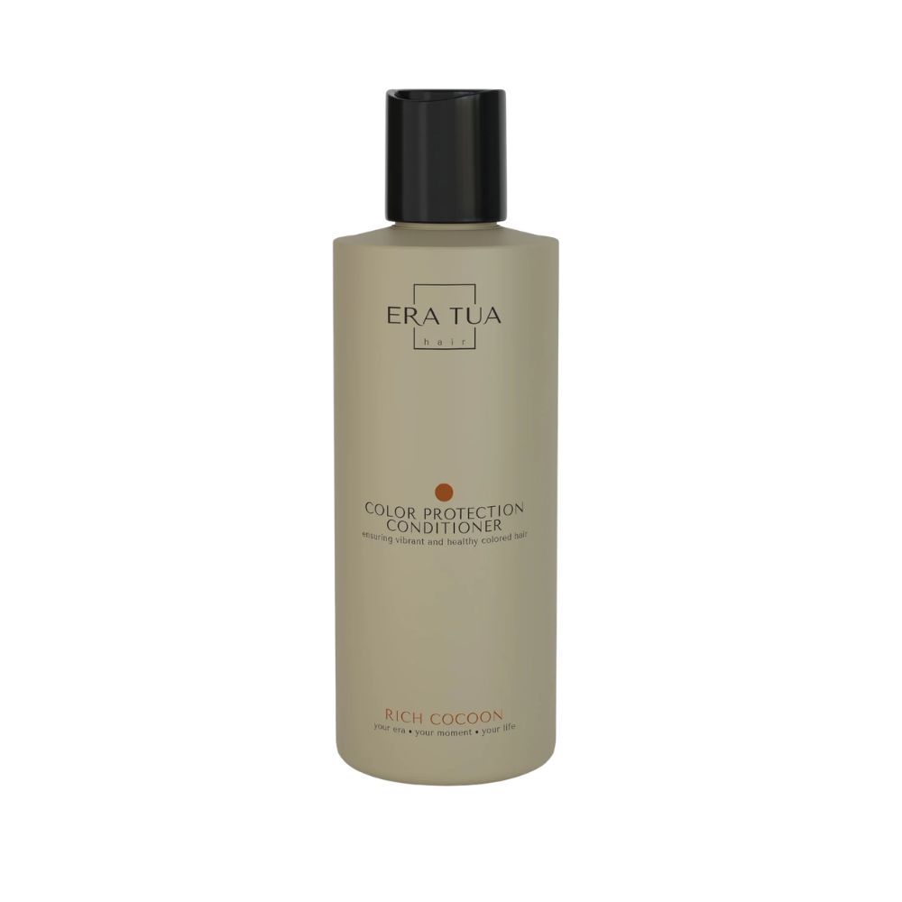 EraTua Rich Cocoon Color Protection Conditioner Flasche. Schwarzer Deckel, beigefarbene Flasche.