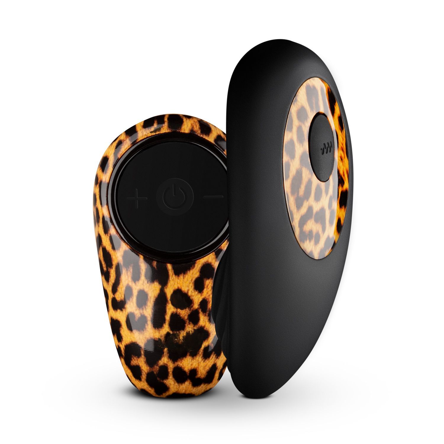 Vibrator mit Leopardenmuster und schwarzem Teil. Bedienfeld mit Plus- und Minus-Tasten. Auf weißem Hintergrund.