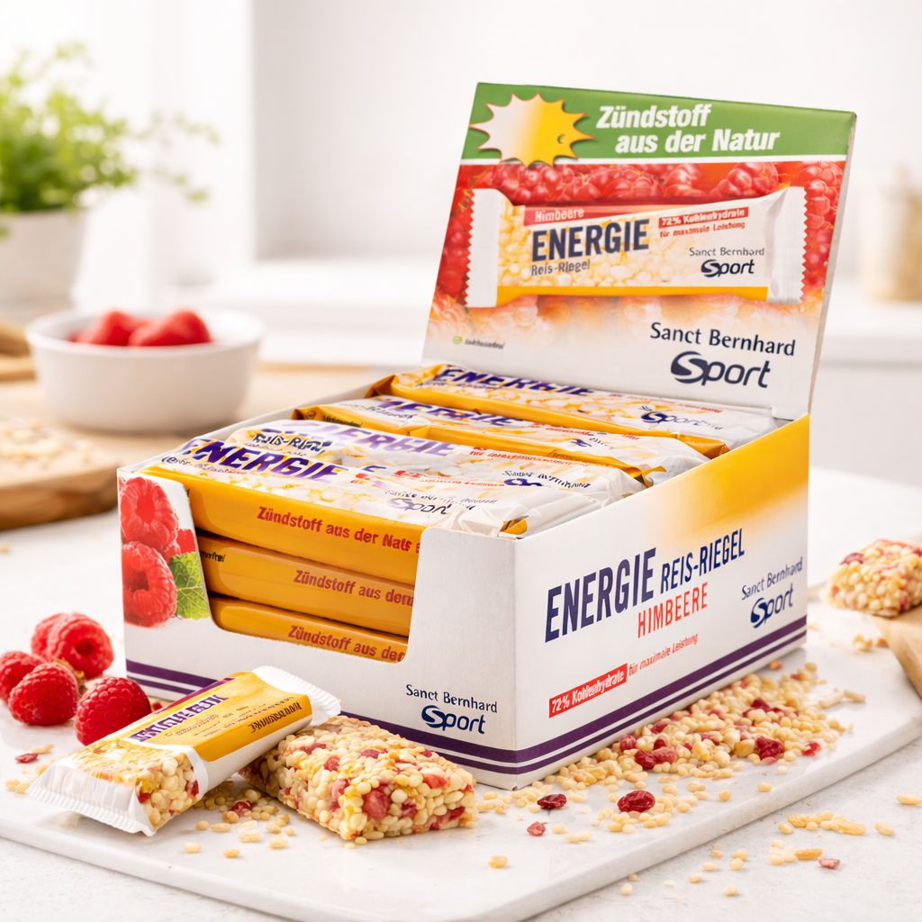 Verpackung mit Sanct Bernhard Sport Energie Reis-Riegeln, Himbeergeschmack.