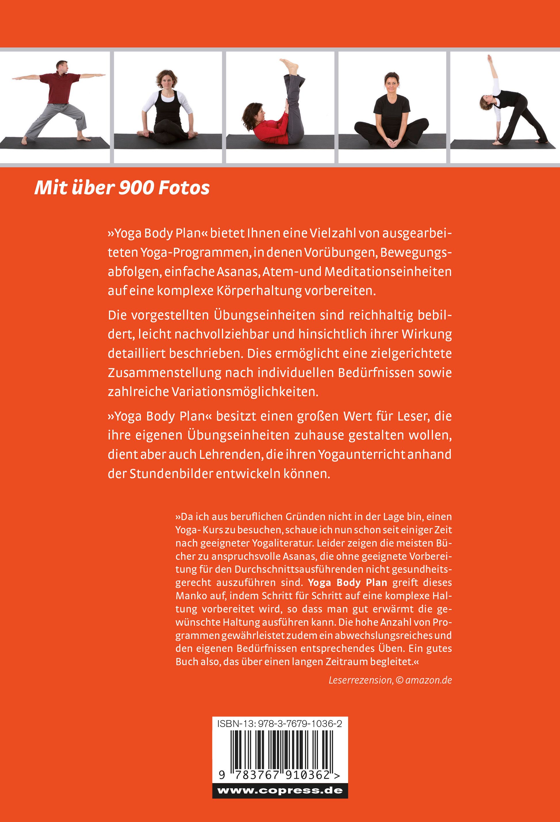 Buchrückseite "Yoga Body Plan". Text, Fotos von Yoga-Posen. ISBN, Logo. Weißer Hintergrund.