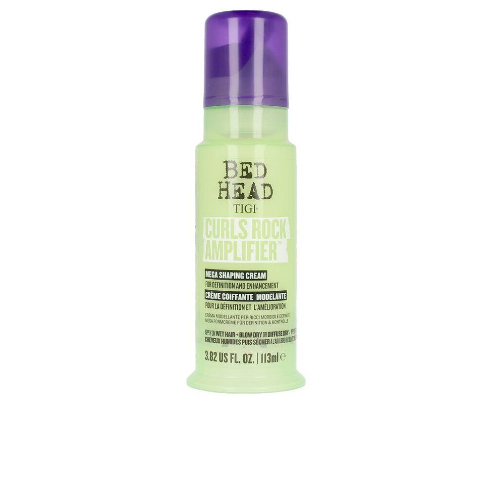 Grüne Flasche mit lila Deckel. Aufschrift: Bed Head TIGI Curls Rock Amplifier. Mega Shaping Cream. 3.82 US fl. oz. / 113ml.