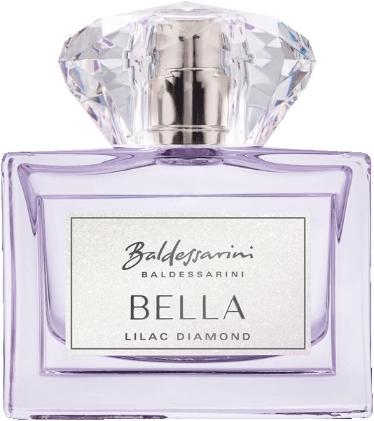 Flakon mit lila Flüssigkeit. Aufschrift: Baldessarini, Bella Lilac Diamond. Diamantförmiger Deckel.