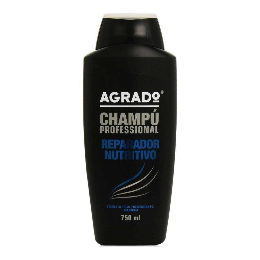 Schwarze Shampoo-Flasche mit weißem Deckel. Aufschrift: AGRADO, Champú Profesional, Reparador Nutritivo. Wellen-Grafik.