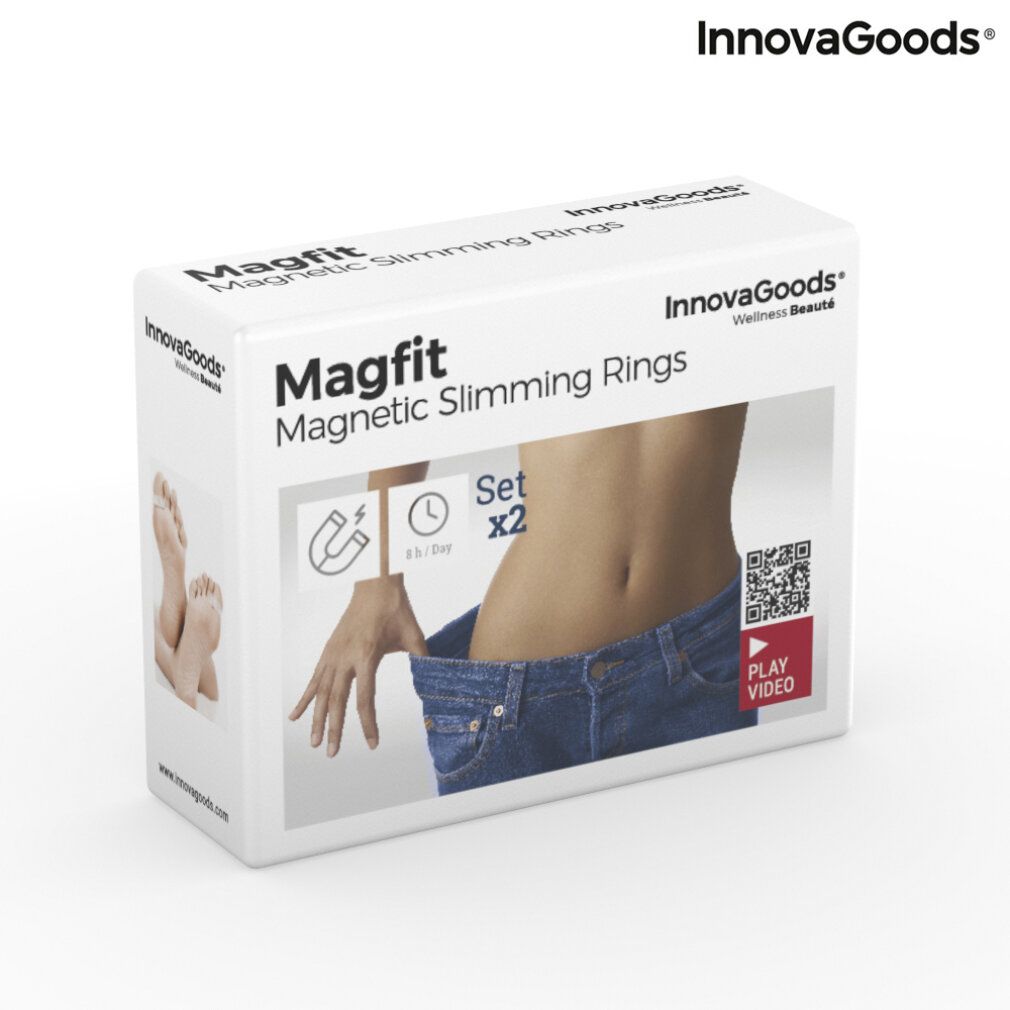 Verpackung mit Produktabbildung. Aufschrift: Magfit Magnetic Slimming Rings. Marke: InnovaGoods. Set x2. QR-Code.