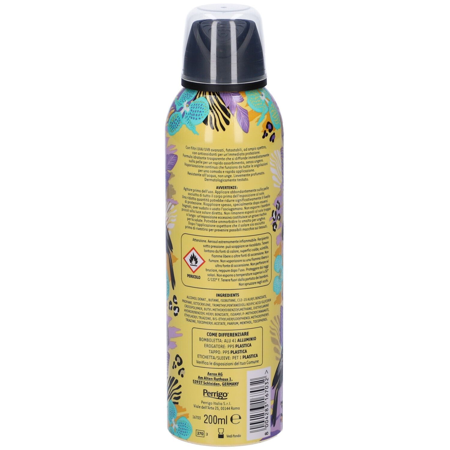 Retro di una bomboletta spray gialla con testo e ingredienti. Tappo nero. Testo: Angstrom, 200ml, avvertenze.