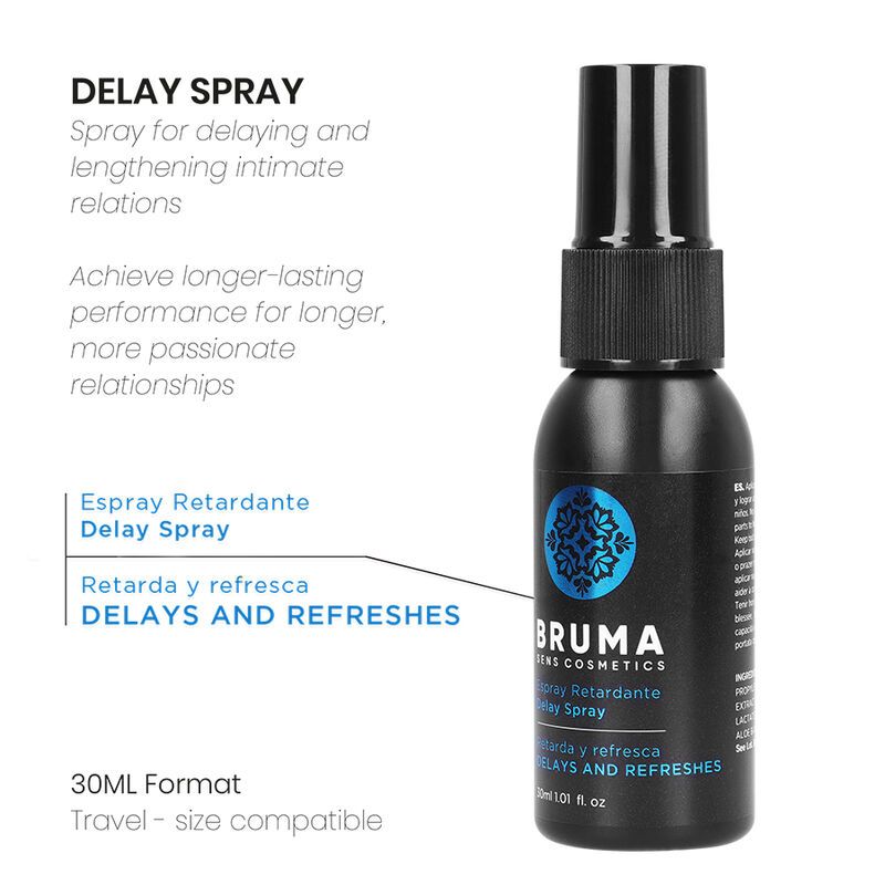 Schwarze Sprühflasche mit blauem Etikett, 30ml. Beschriftung: BRUMA DELAY SPRAY.