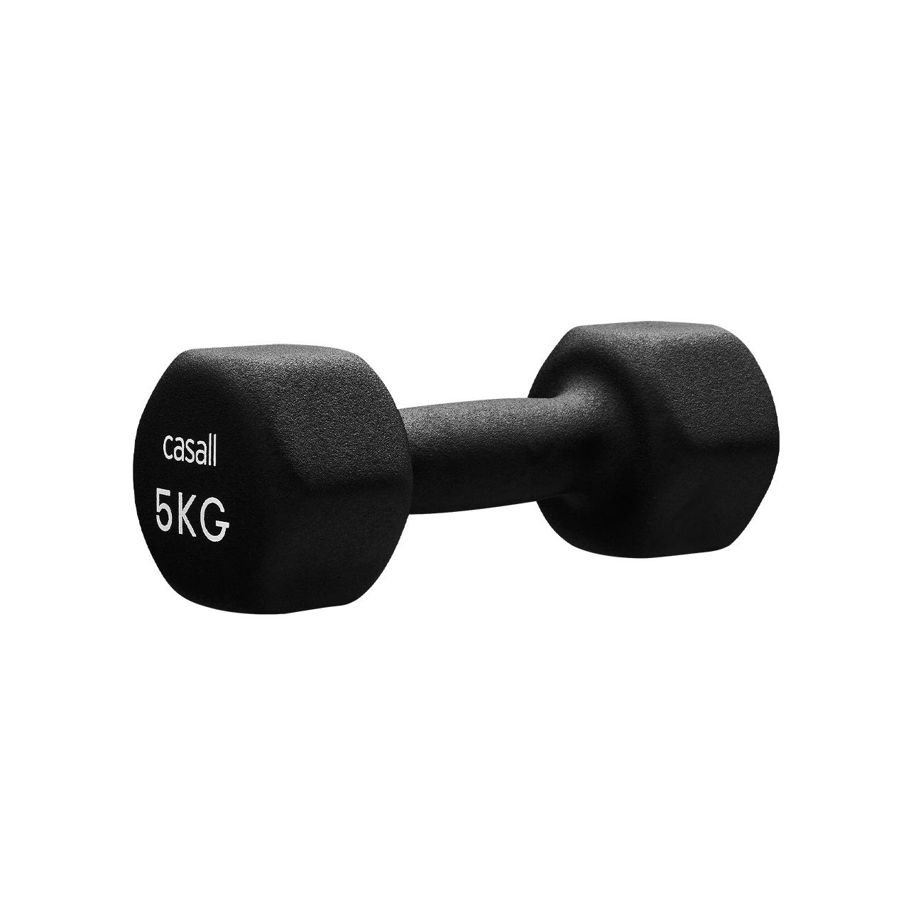 Schwarze Hantel mit sechseckigen Enden. Auf einem Ende steht "casall 5KG".