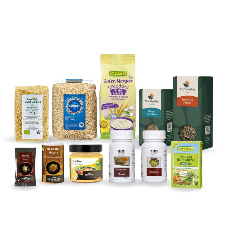 Verschiedene Lebensmittelverpackungen und Behälter, darunter Getreide, Tabletten und Kräuter.