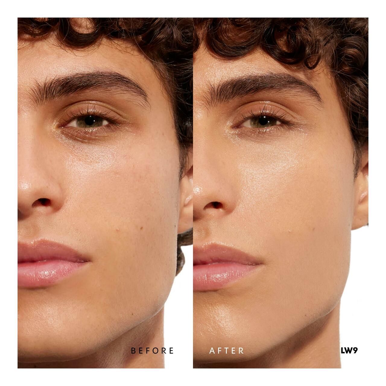 Gesicht eines Mannes, geteilt in Vorher-Nachher-Ansicht. Linke Seite: ungeschminkt. Rechte Seite: Foundation aufgetragen. Text: LW9.