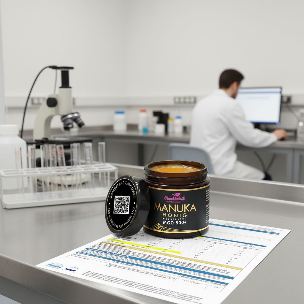 PowerFabrik Manuka Honig MGO 800+ in Laborumgebung mit Mikroskop und Wissenschaftler.