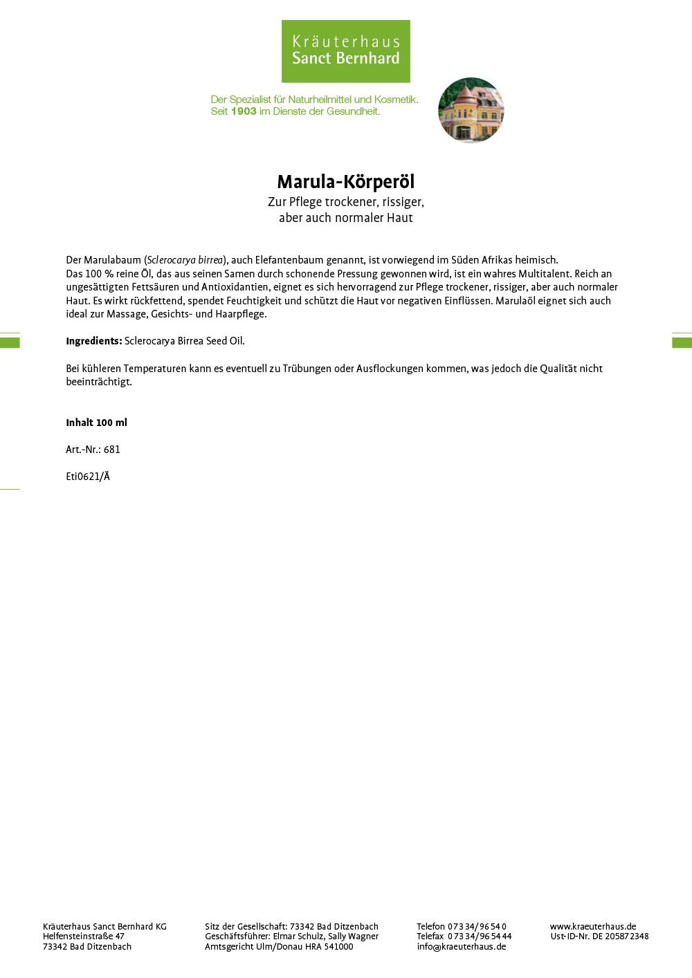 Etikett mit Text. Produktname: Marula-Körperöl. Text in deutscher Sprache. Logo von Kräuterhaus Sanct Bernhard.