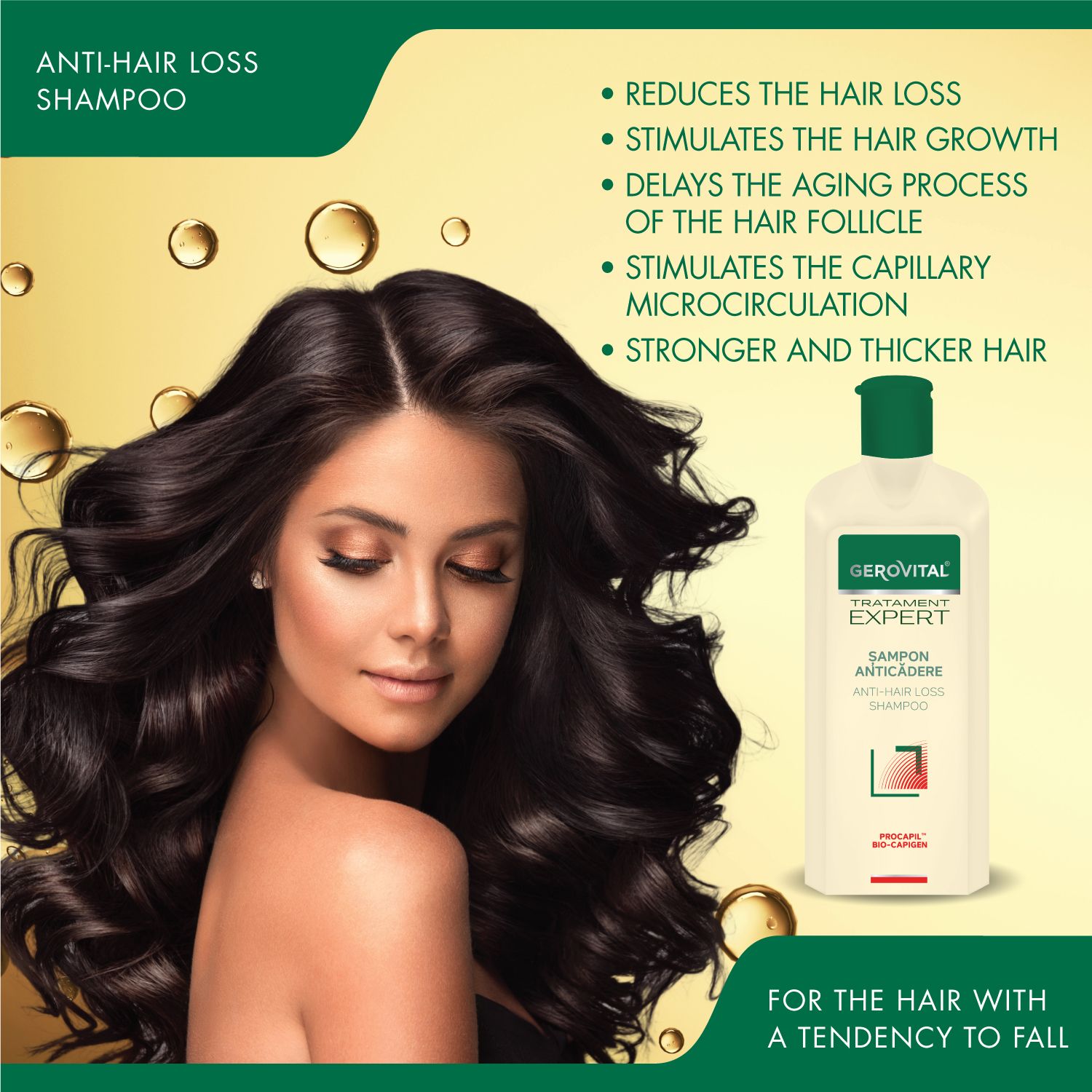 Frau mit langen, dunklen Haaren. Daneben eine Flasche Shampoo. Aufschrift: Gerovital, Tratament Expert, Sampon Anticadere, Anti-Haarausfall Shampoo.