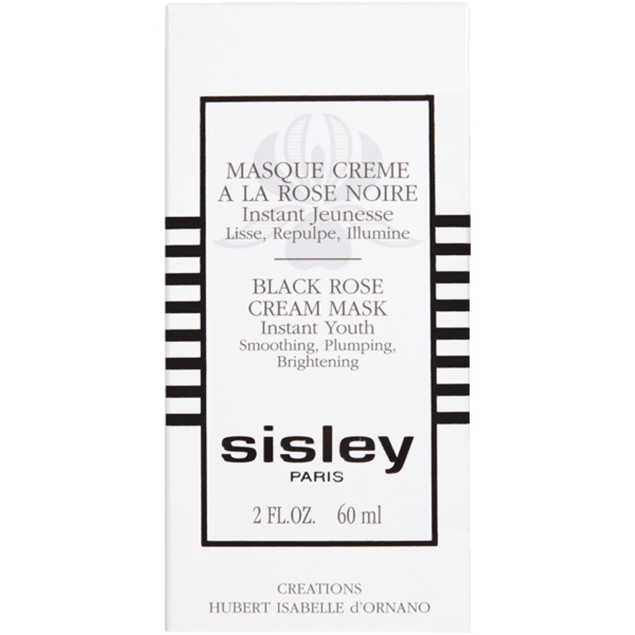 Weiße Schachtel mit schwarzer Schrift. "Masque Creme a la Rose Noire" und "Sisley" sind sichtbar. 60 ml.