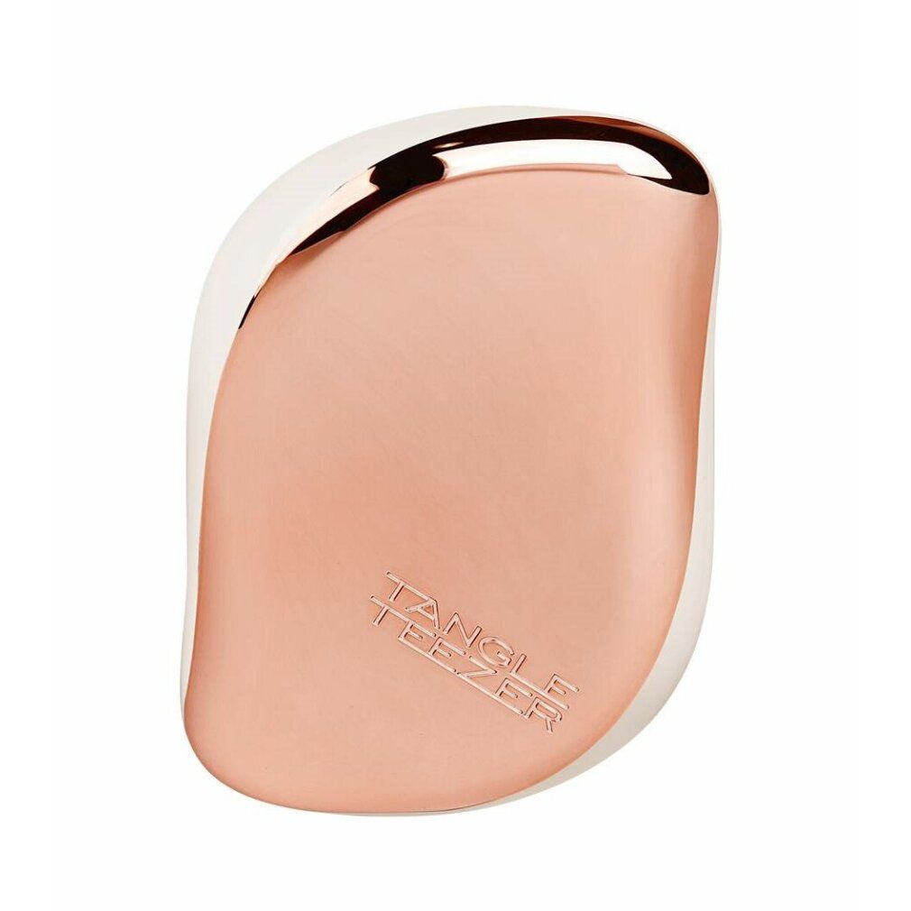 Kompakte Tangle Teezer Haarbürste, Roségold-Finish, weiße Basis.