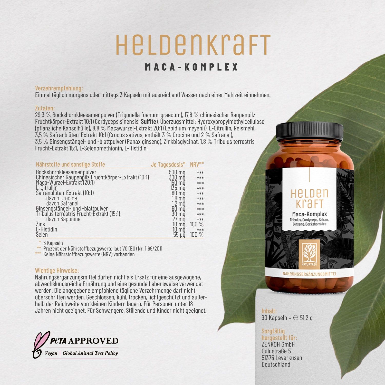 Braune Pillendose mit Etikett "Heldenkraft". Text: Maca-Komplex. Blätter im Hintergrund. PETA-Logo.
