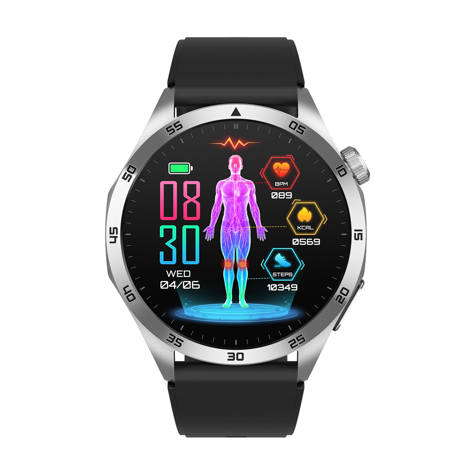 Smartwatch mit rundem Zifferblatt, silbernem Gehäuse und schwarzem Armband. Anzeige mit Gesundheitsdaten, Datum und Uhrzeit.