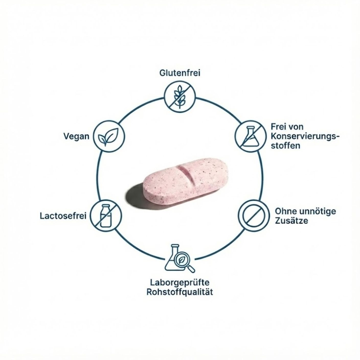 Rosa Tablette mit Bruchkerbe, umgeben von Icons: Vegan, Laktosefrei, Glutenfrei, ohne Konservierungsstoffe, ohne Zusätze, etc.