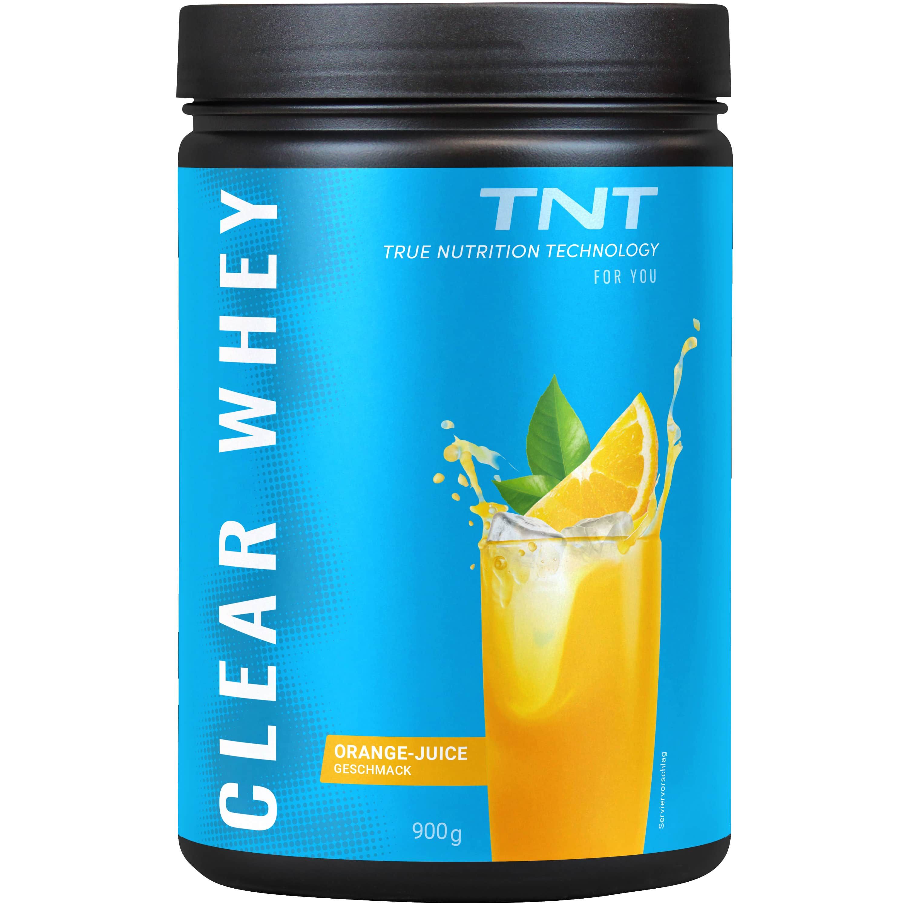 Schwarzer Behälter mit blauem Etikett. Aufschrift: CLEAR WHEY, TNT. Abbildung eines Orangensaftgetränks mit Eiswürfeln und Orangenscheibe.