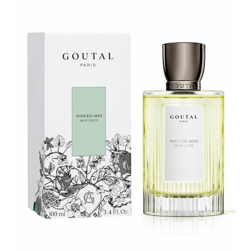 Goutal Ninfeo Mio Eau de Toilette Flakon und Verpackung. Rechteckige Form, geriffeltes Glas, silberfarbener Verschluss. Verpackung mit floralem Muster.