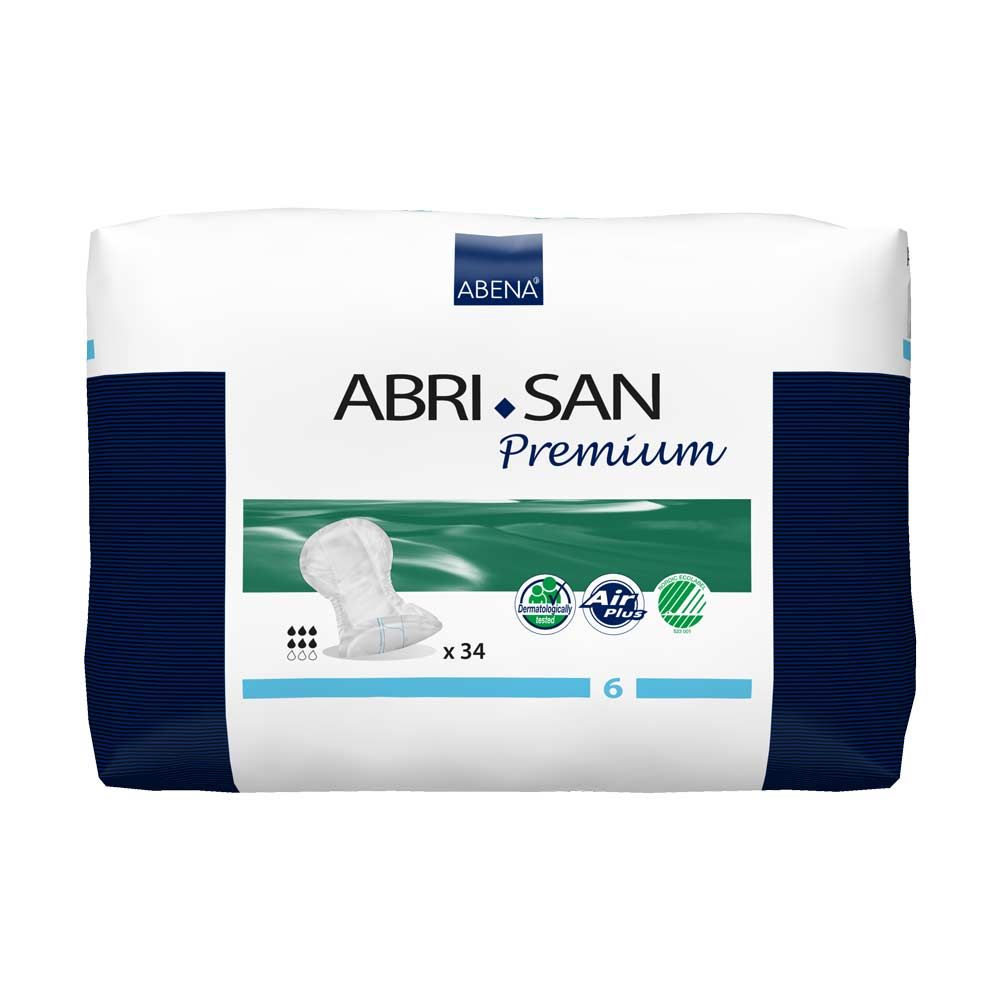 Verpackung Abena Abri-San Premium Vorlagen. Weiß-blaue Verpackung mit Produktabbildung und Text. Enthält x34 Vorlagen, Größe 6.