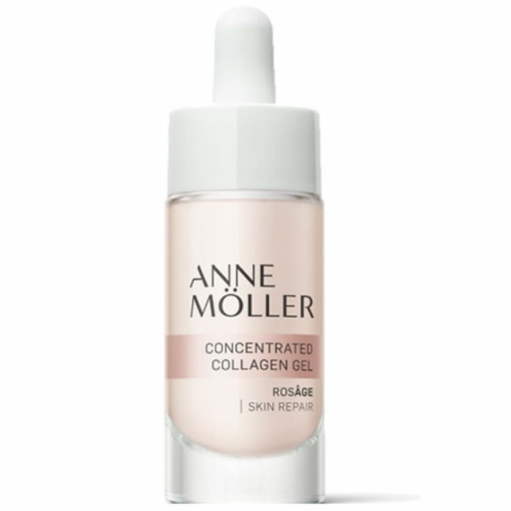 Anne Möller Rosâge Collagen Concentrated Gel. Rosa Flüssigkeit in Glasflasche mit weißem Deckel und Pipette. Schriftzug.