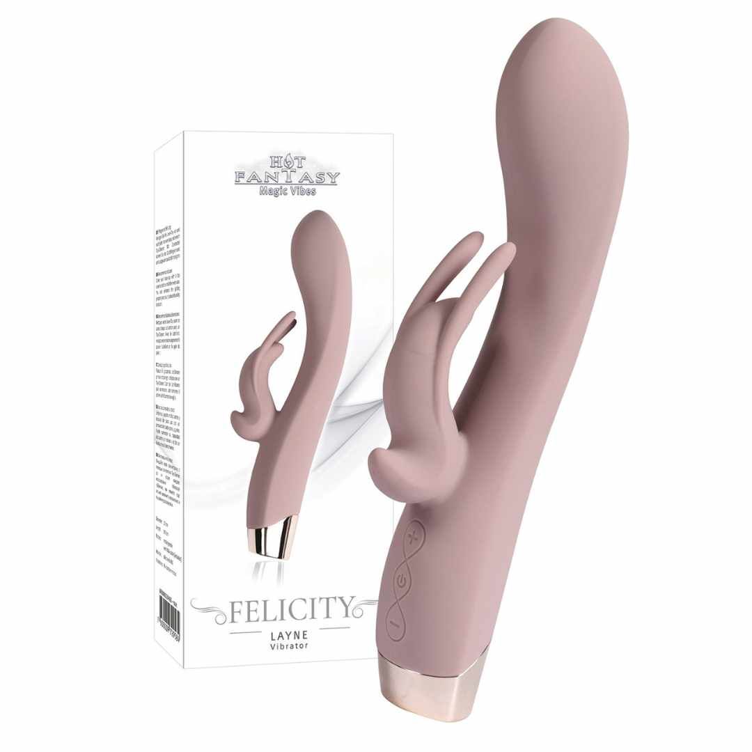 Rosa Vibrator mit Hasenohren und Verpackung. Verpackung mit Produktname und Logo. Goldfarbener Sockel.