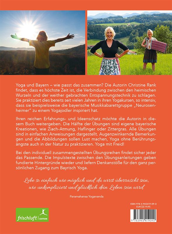 Rückseite des Buches "Bayrisch Yoga". Text und Logo "frischluft edition" sichtbar. ISBN-Code.