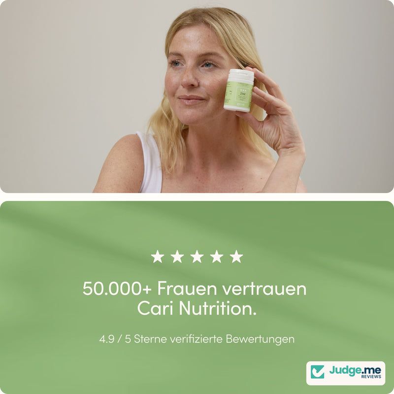 Frau hält eine Dose Zinkbisglycinat + L-Histidin, mit 50.000+ Frauen vertrauen Cari Nutrition.