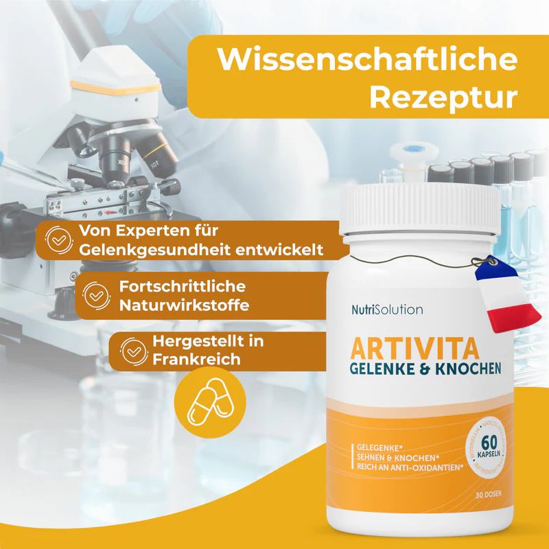 Weiße Flasche ArtiVita+ mit Aufschrift "Gelenke & Knochen". Text: "60 Kapseln". Hintergrund: Mikroskop, Text über wissenschaftliche Rezeptur.
