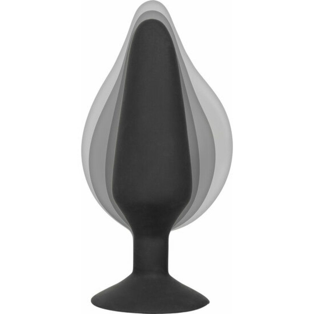 Schwarzer, aufblasbarer Silikon-Plug. Mehrere transparente Umrisse zeigen die Aufblasbarkeit.