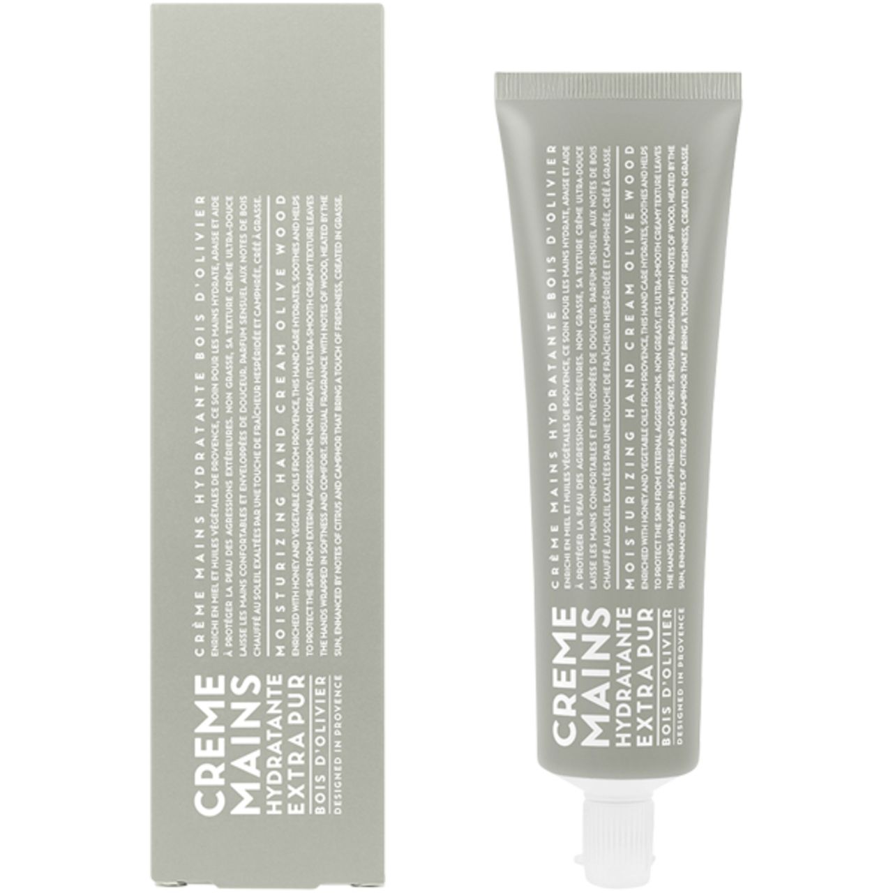 Hellgrüner Karton und Creme-Tube. Textinformationen. Tube mit weißer Kappe. "Crème Mains Hydratante Extra Pur Bois d'Olivier".
