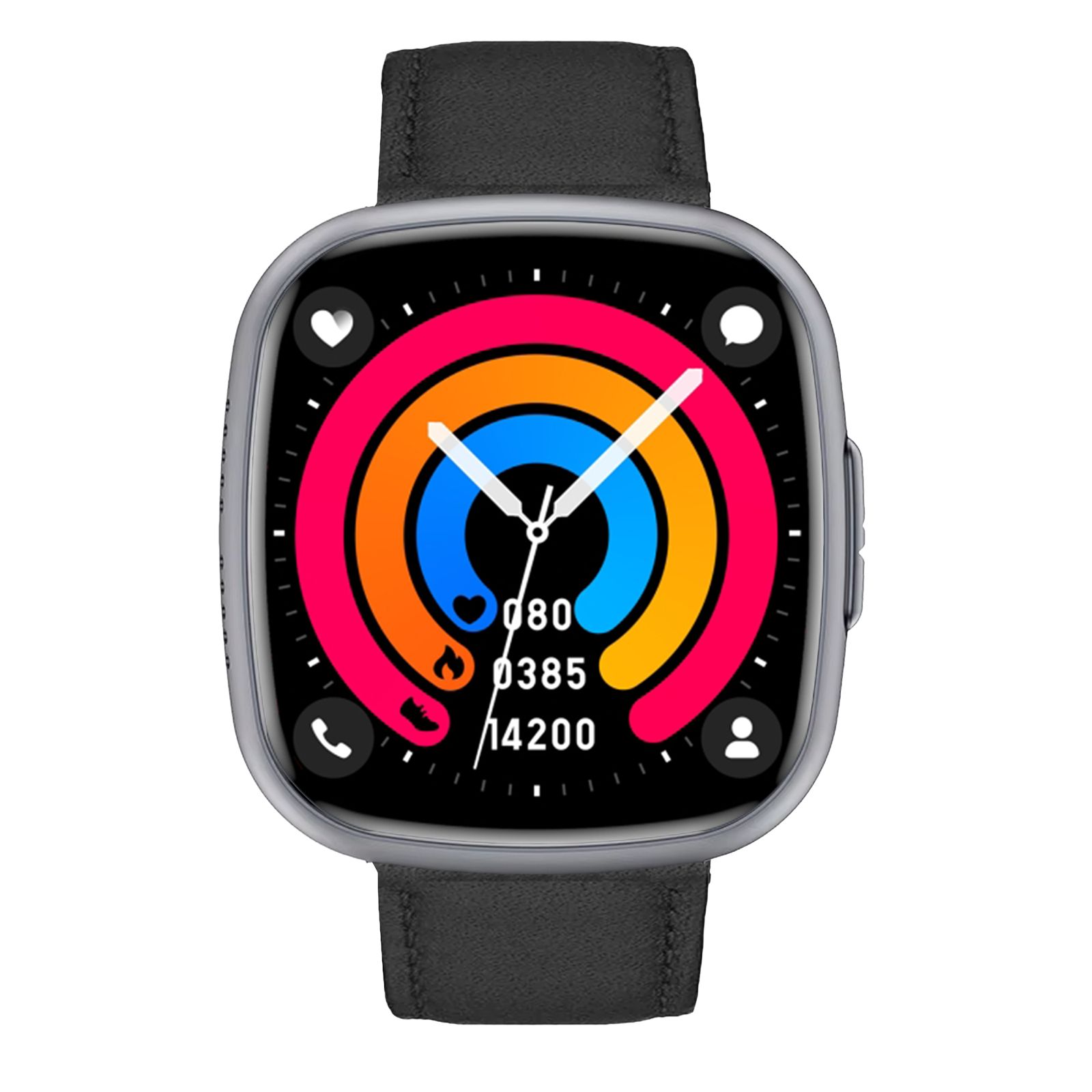 Smartwatch mit schwarzem Armband und farbigem Display. Gesundheitsdaten werden angezeigt.