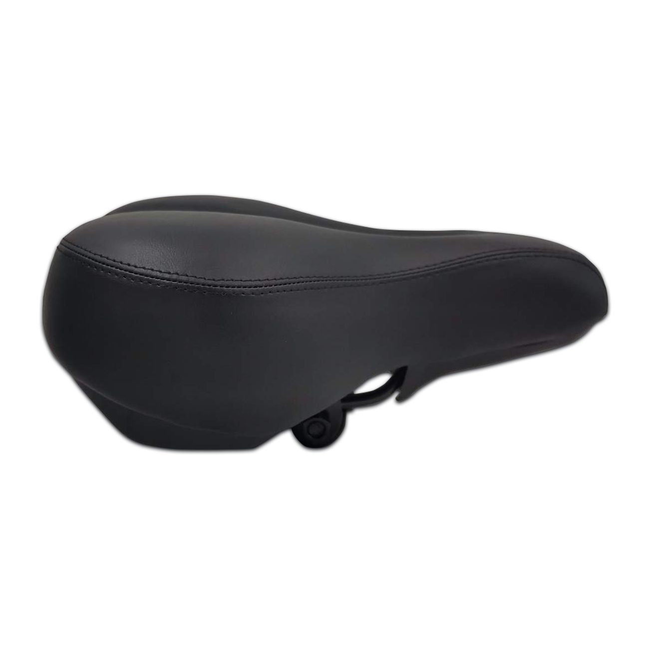 Schwarzer Fahrradsattel mit ergonomischer Form. Gepolstert. Sichtbare Nähte.