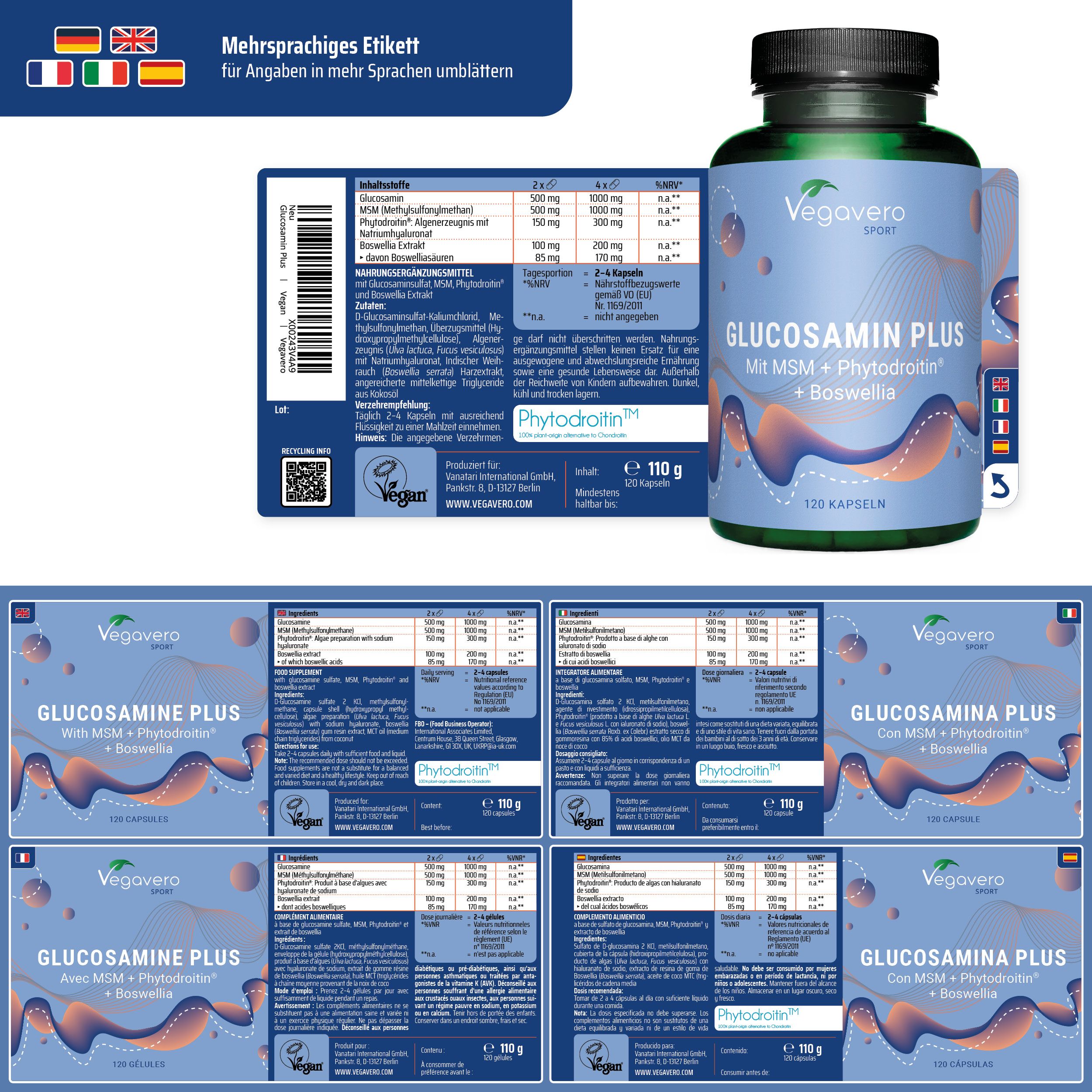 Produktflasche und mehrsprachige Etiketten. Flasche: VEGAVERO GLUCOSAMIN PLUS. Etiketten mit Inhaltsangaben in verschiedenen Sprachen. 120 Kapseln.