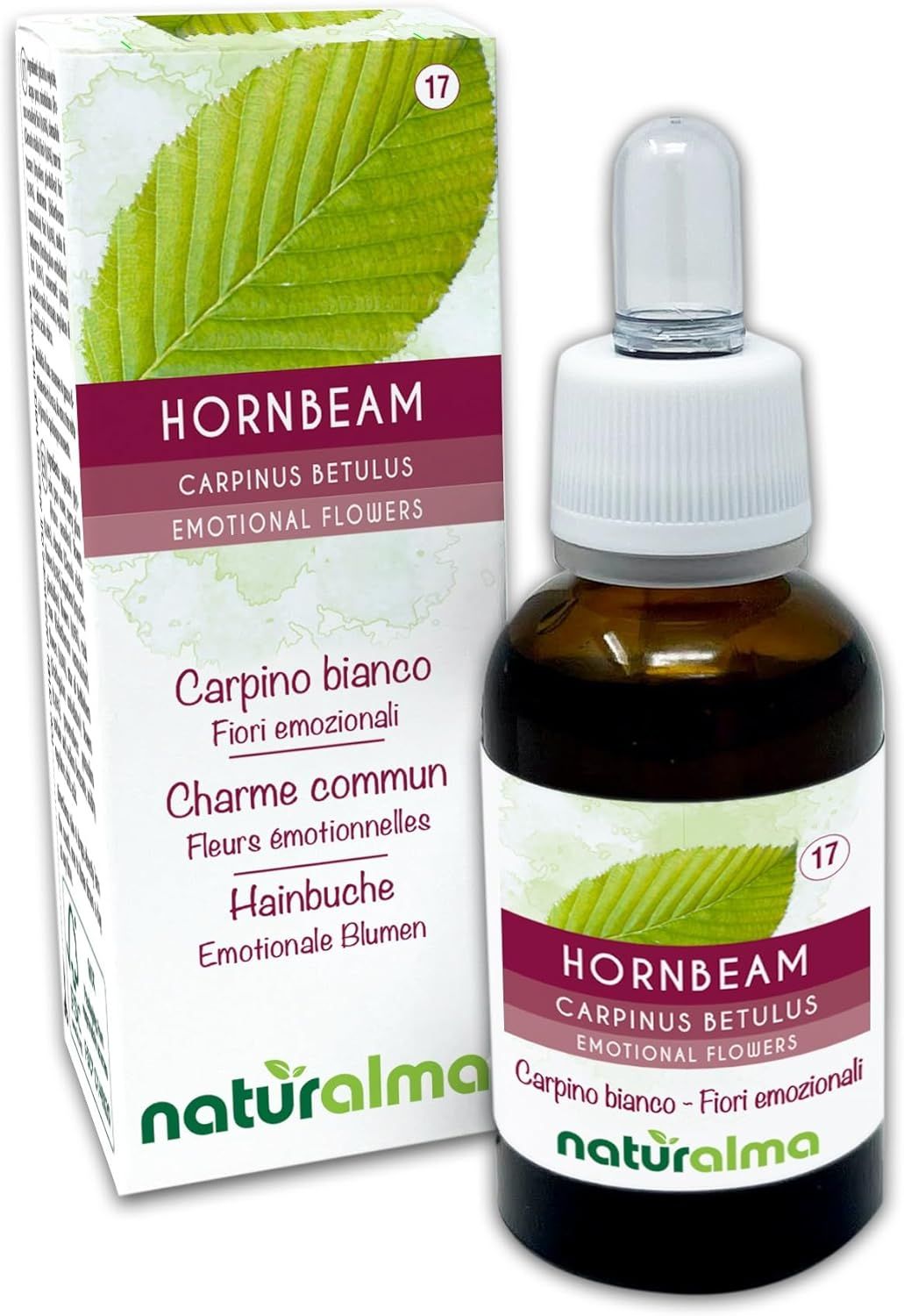 Braune Glasflasche mit weißem Verschluss und Tropfer. Daneben eine Schachtel mit Blattmotiv und Text: HORNBEAM, Carpinus betulus.