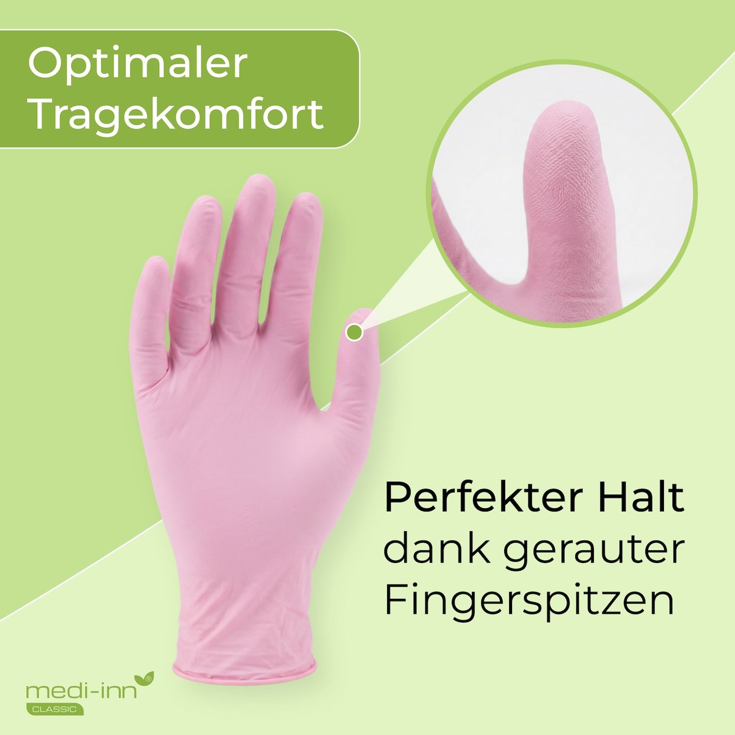 Rosa Nitrilhandschuh mit vergrößerten Fingerspitzen für perfekten Halt.