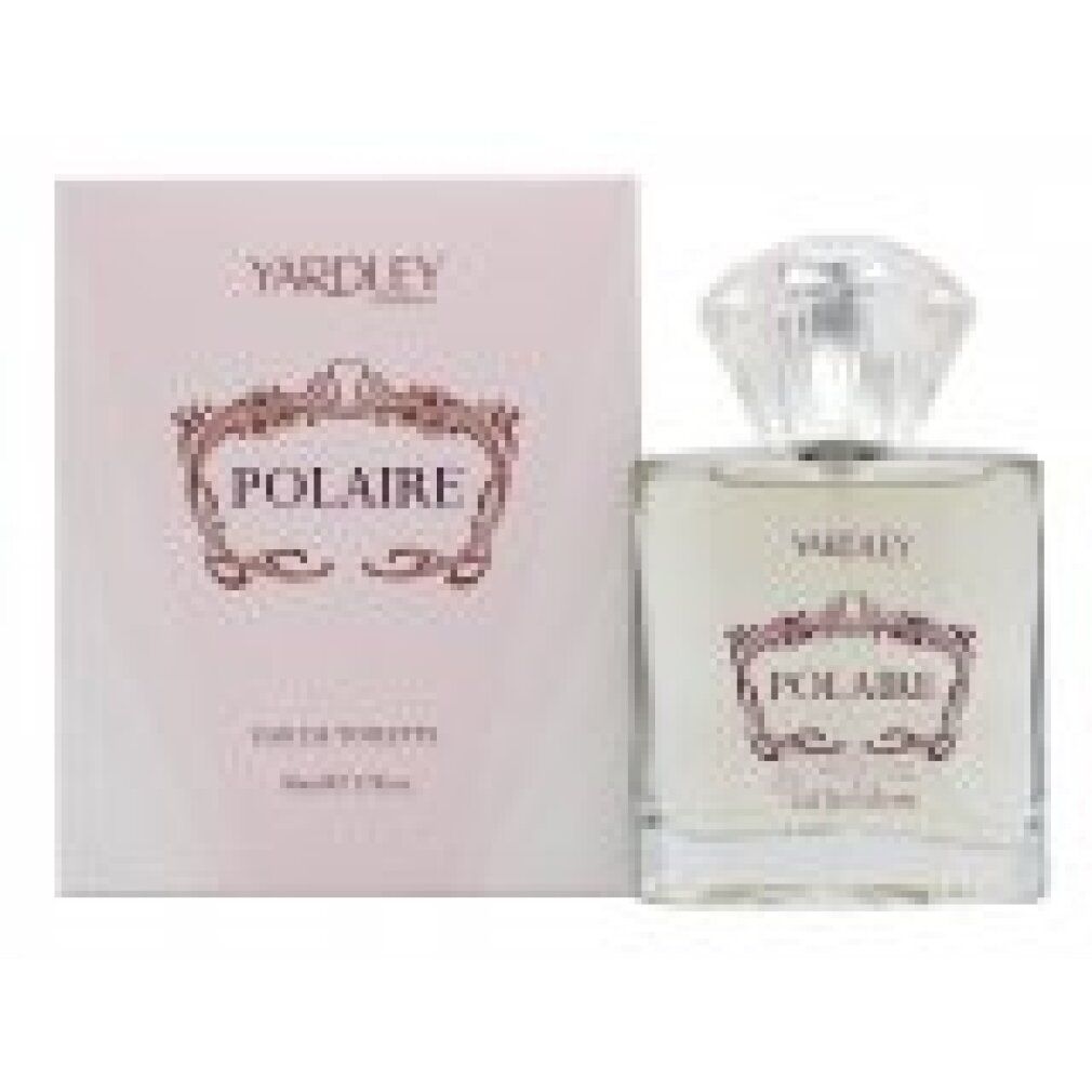 Yardley Polaire Eau de Toilette Spray. Flakon und Verpackung. Rosa-weiße Verpackung mit Produktnamen. Transparenter Flakon mit Kristallverschluss.