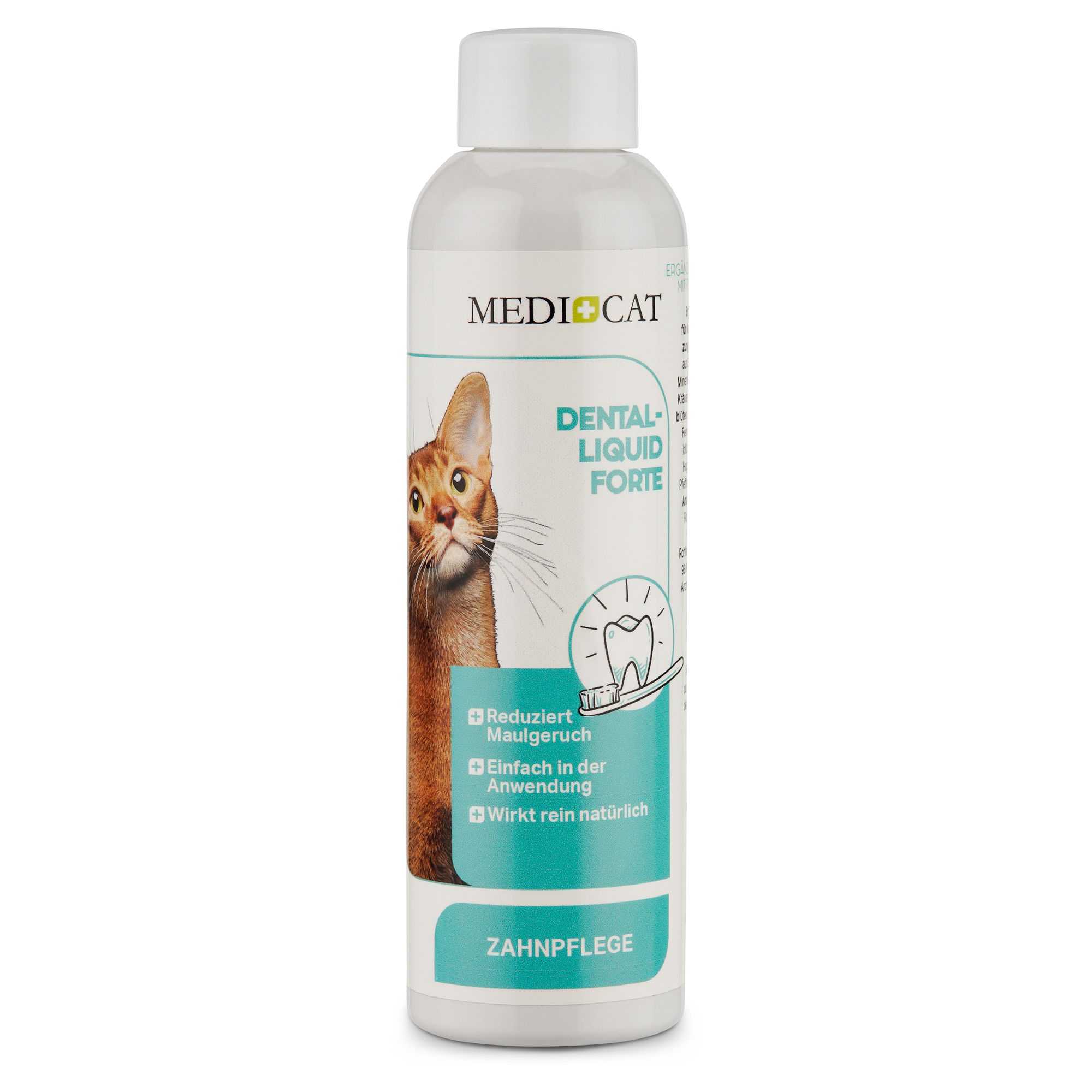Weiße Flasche mit Etikett. Aufschrift: MEDICAT Dental Liquid Forte. Abbildung einer Katze. Türkisfarbener Streifen mit Text.