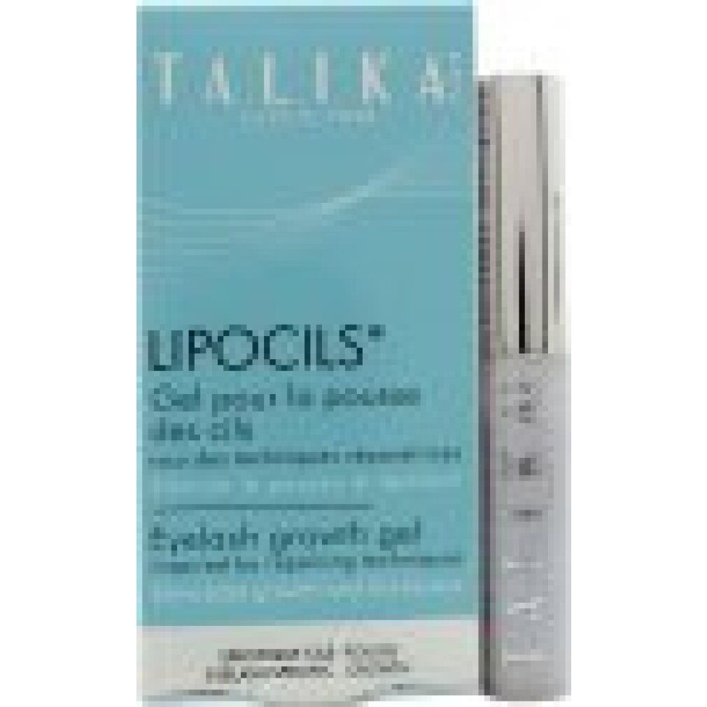 Blau-weiße Verpackung mit Produkt. Aufschrift: TALIKA, LIPOCILS, Gel pour la pousse des cils, Eyelash growth gel.