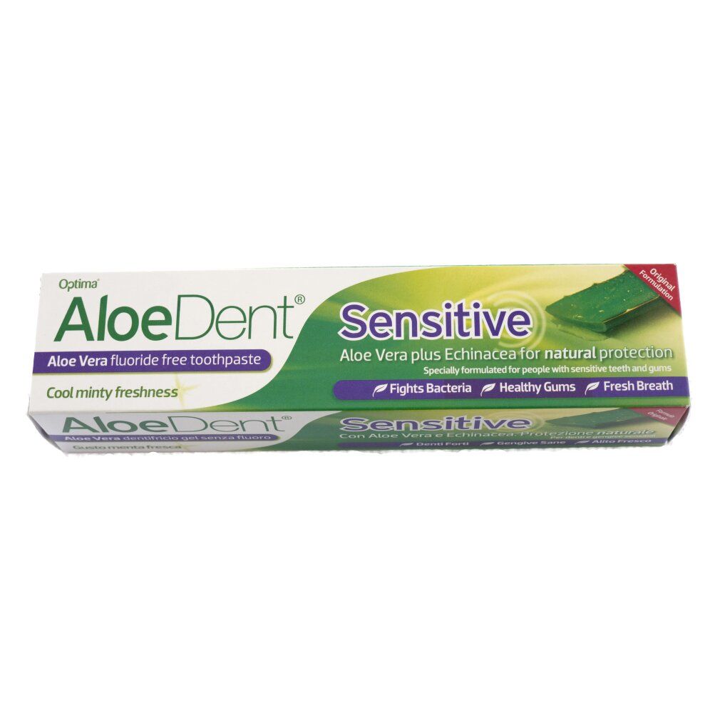 Optima AloeDent Sensitive Zahnpasta-Schachtel. Grün-weißes Design. Enthält Aloe Vera und Echinacea.