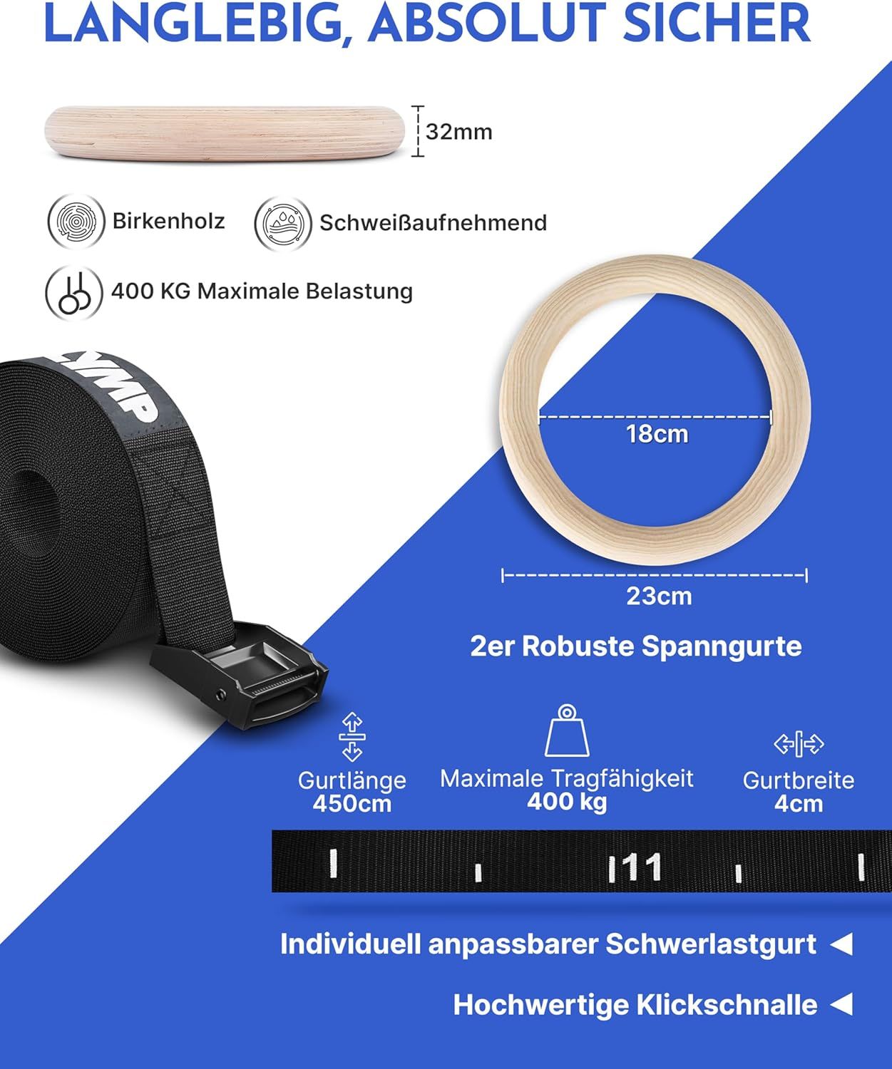 Gymnastikringe aus Holz mit 2 robusten Spanngurten. Ringe: 23cm Durchmesser, 18cm Innen. Gurtlänge 450cm, Gurtbreite 4cm. Maximale Tragfähigkeit 400 kg.