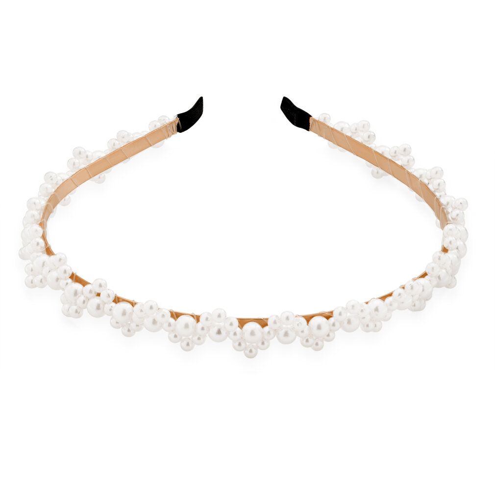 Haarband mit cremefarbenen Perlenblüten. Beige Innenseite, schwarze Enden. Auf weißem Hintergrund.