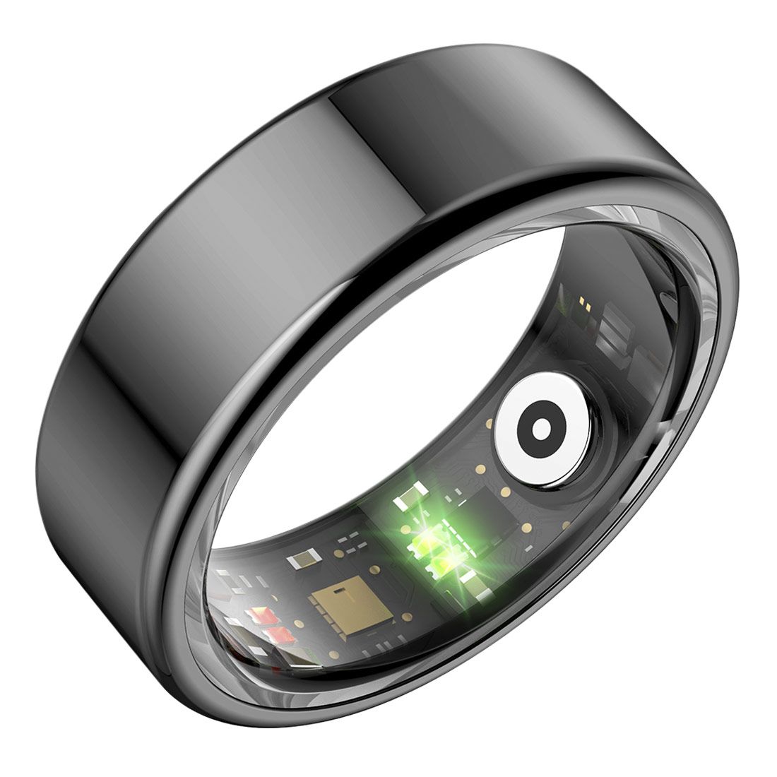 L'anello smart KSIX Saturn nero, un fitness tracker, mostra componenti elettronici interni e una luce verde. L'anello lucido ha una forma circolare.