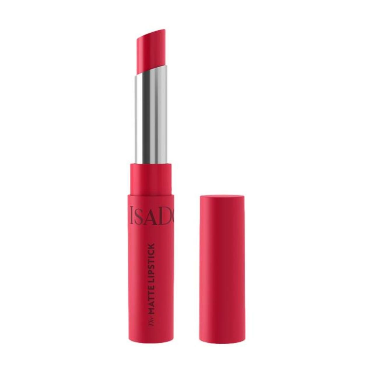 Roter Lippenstift, geöffnet. Metallhülse, roter Stift. Aufschrift: IsaDora, Matte Lipstick.