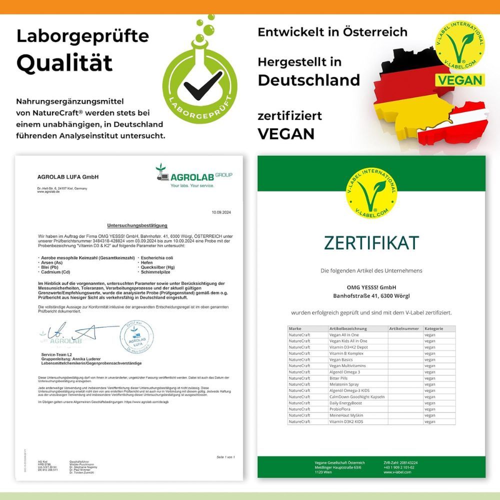 Zertifikate und Siegel für "Laborgeprüfte Qualität", "Hergestellt in Deutschland" und "Zertifiziert Vegan".