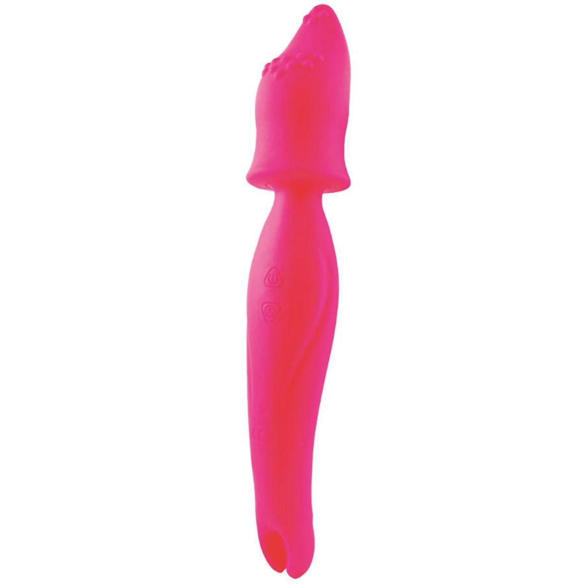 Rosa Vibrator mit abgerundeter Spitze und gebogenem Griff. Oberteil mit erhabenen Punkten. Unterteil mit gebogener Form.